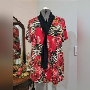 NWOT 2X Red/Blk Blouse w/Neck-Tie